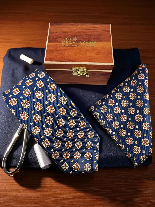 Oxford_Blue_Mustard_Cream_Medallion_Micro_Silk_Tie_Pocket_Square_Set_In_Wooden_Gift_Box