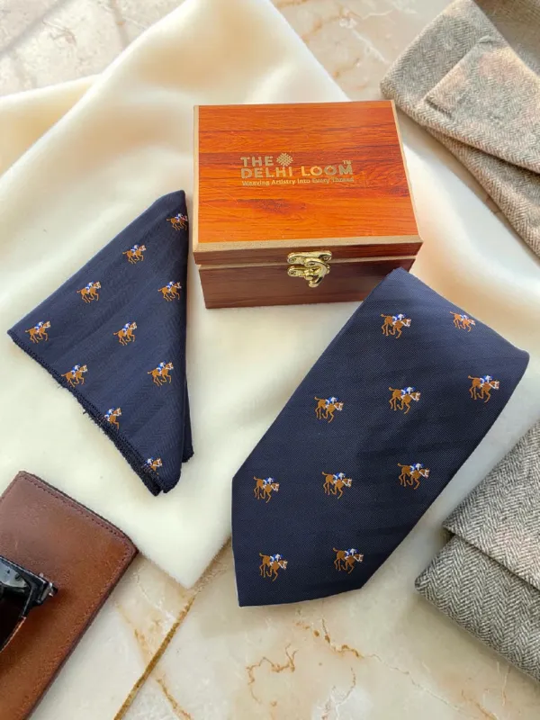 Charcoal_Blue_Derby_Crest_Micro_Woven_Jacquard_9_Cm_Necktie_Set_With_Pocket_Square_Suitable_For_Formal_And_Party_Wear