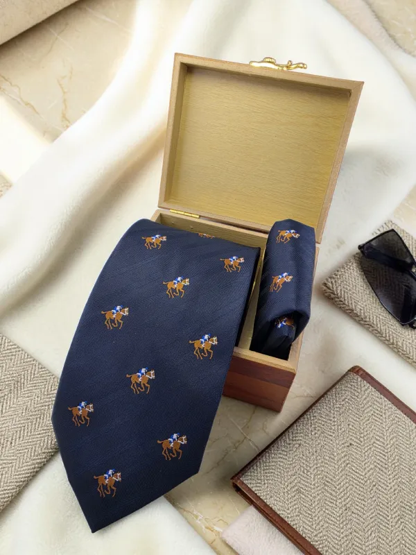 Charcoal_Blue_Derby_Crest_Micro_Woven_Jacquard_9_Cm_Necktie_Set_With_Pocket_Square_Suitable_For_Formal_And_Party_Wear