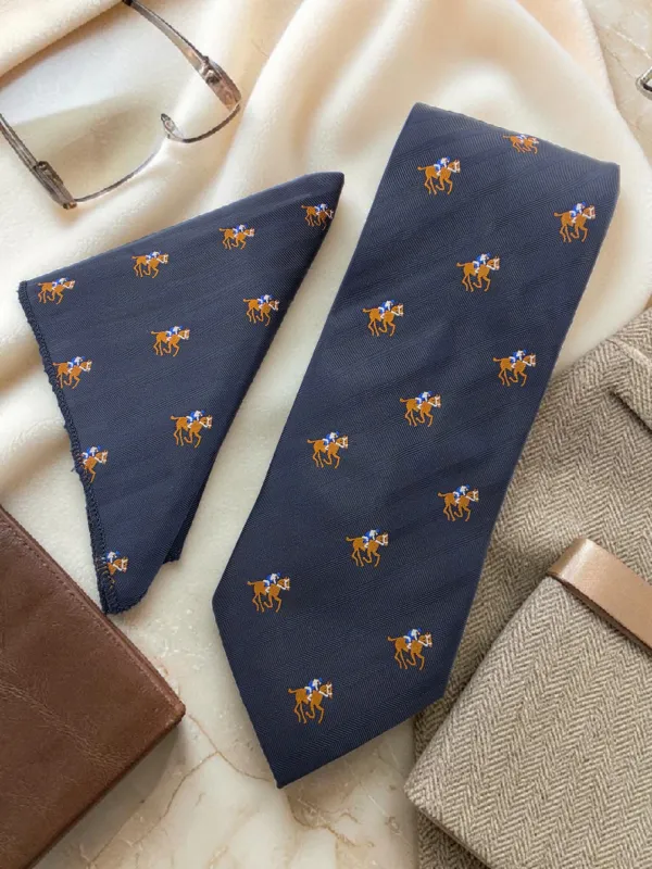 Charcoal_Blue_Derby_Crest_Micro_Woven_Jacquard_9_Cm_Necktie_Set_With_Pocket_Square_Suitable_For_Formal_And_Party_Wear