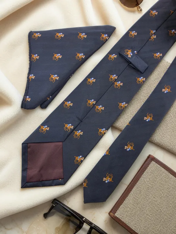 Charcoal_Blue_Derby_Crest_Micro_Woven_Jacquard_9_Cm_Necktie_Set_With_Pocket_Square_Suitable_For_Formal_And_Party_Wear