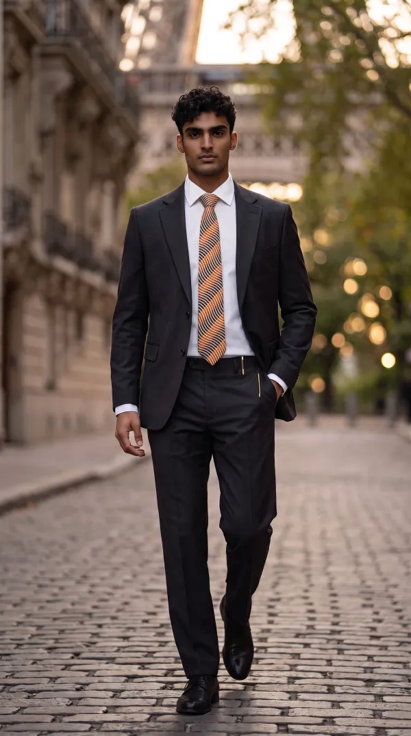 Aurora_Wave_Orange_Black_And_White_Micro_Woven_Jacquard_9_Cm_Tie_Set_With_Pocket_Square_And_Premium_Wooden_Gift_Box