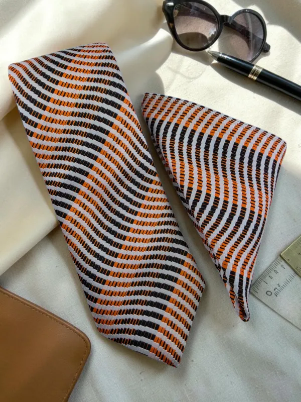 Aurora_Wave_Orange_Black_And_White_Micro_Woven_Jacquard_9_Cm_Tie_Set_With_Pocket_Square_And_Premium_Wooden_Gift_Box