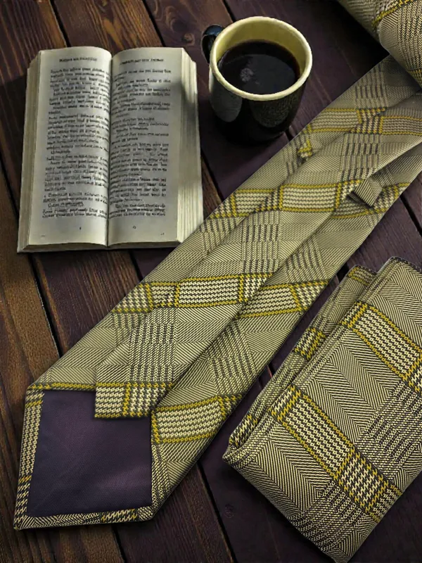 Antique_Gold_Regent_Glen_Plaid_Micro_Woven_Jacquard_9_Cm_Necktie_Set_With_Pocket_Square_And_Premium_Wooden_Gift_Box_Suitable_For_Formal_And_Business_Wear