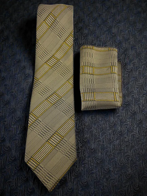 Antique_Gold_Regent_Glen_Plaid_Micro_Woven_Jacquard_9_Cm_Necktie_Set_With_Pocket_Square_And_Premium_Wooden_Gift_Box_Suitable_For_Formal_And_Business_Wear