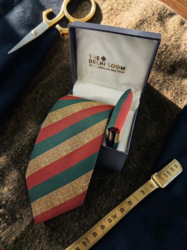Green_Rust_Gold_Heritage_Stripe_Woven_Micro_Silk_Tie_Pocket_Square_Set_With_Gift_Box