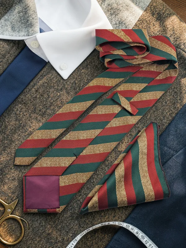 Green_Rust_Gold_Heritage_Stripe_Woven_Micro_Silk_Tie_Pocket_Square_Set_With_Gift_Box
