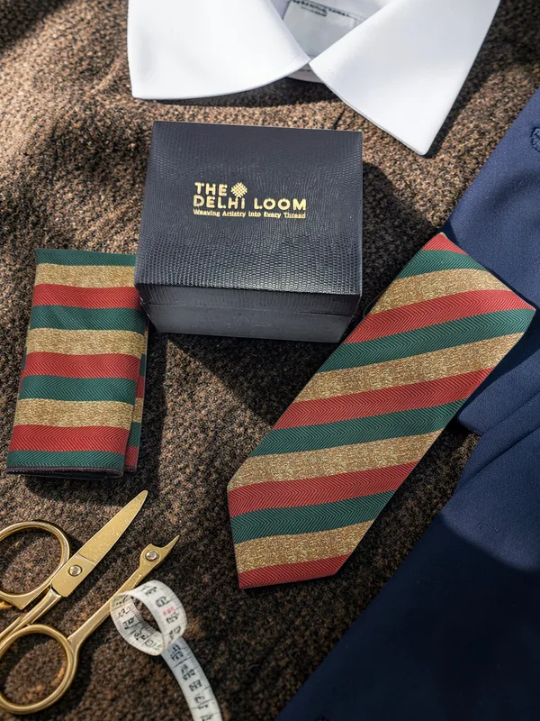 Green_Rust_Gold_Heritage_Stripe_Woven_Micro_Silk_Tie_Pocket_Square_Set_With_Gift_Box