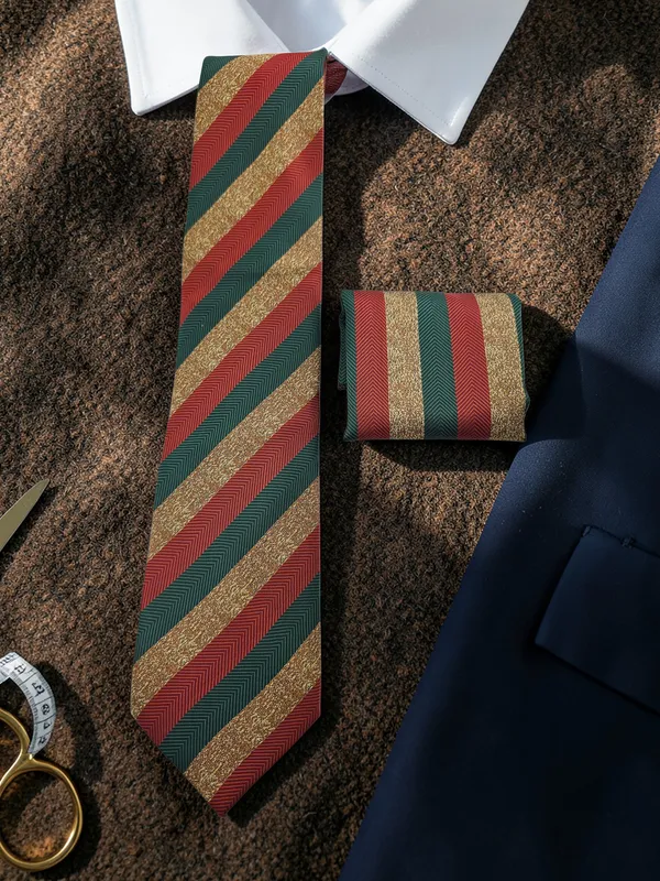 Green_Rust_Gold_Heritage_Stripe_Woven_Micro_Silk_Tie_Pocket_Square_Set_With_Gift_Box