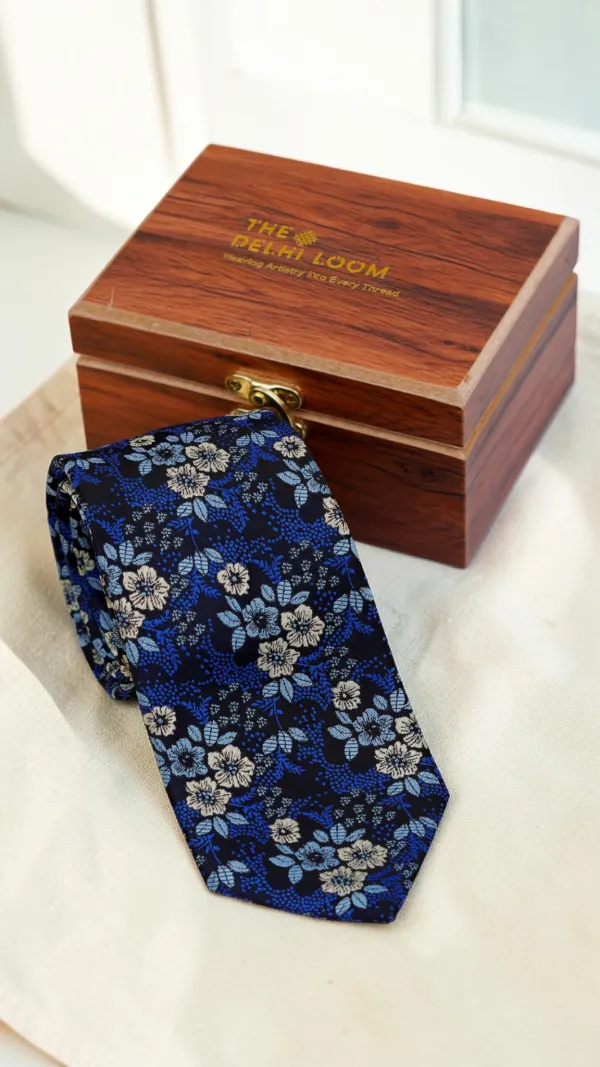 Royal_Blue_Ivory_Midnight_Blossom_Micro_Woven_Jacquard_9_Cm_Necktie_Set_With_Pocket_Square_And_Premium_Wooden_Gift_Box_Suitable_For_Formal_And_Party_Wear