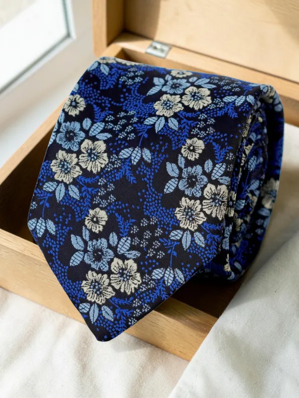 Royal_Blue_Ivory_Midnight_Blossom_Micro_Woven_Jacquard_9_Cm_Necktie_Set_With_Pocket_Square_And_Premium_Wooden_Gift_Box_Suitable_For_Formal_And_Party_Wear