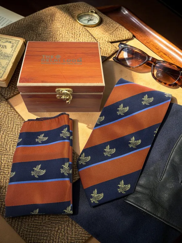 Imperial_Eagle_Rust_Brown_And_Navy_Blue_Micro_Woven_Jacquard_9_Cm_Tie_Set_With_Pocket_Square_And_Premium_Wooden_Gift_Box