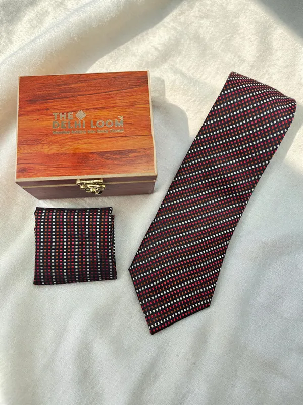 Jet_Black_Mosaic_Rust_Red_Ivory_Micro_Woven_Jacquard_9_Cm_Luxury_Tie_Set