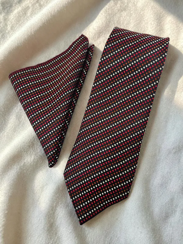 Jet_Black_Mosaic_Rust_Red_Ivory_Micro_Woven_Jacquard_9_Cm_Luxury_Tie_Set
