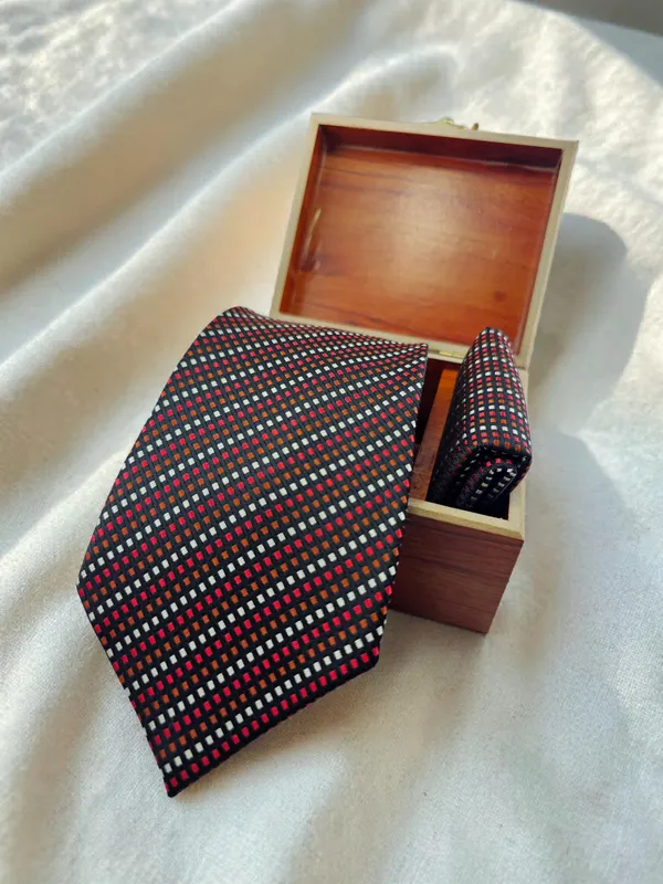 Jet_Black_Mosaic_Rust_Red_Ivory_Micro_Woven_Jacquard_9_Cm_Luxury_Tie_Set