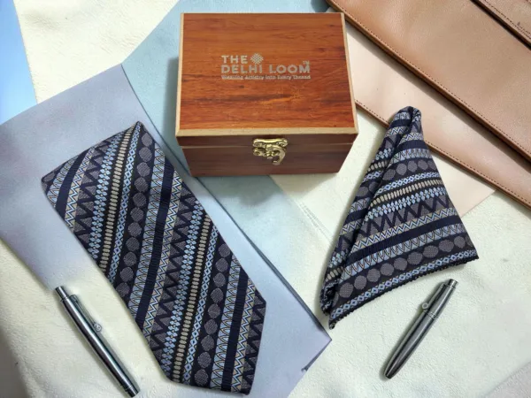 Navy_Blue_Geometric_Heritage_Microsilk_Tie_Set_With_Pocket_Square_And_Wooden_Gift_Box_9_Cm_And_7.5_Cm