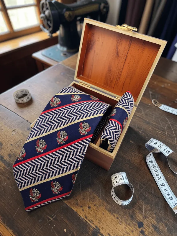 Navy_Blue_Regal_Crest_Chevron_Woven_Micro_Silk_Tie_Set_With_Pocket_Square_In_Wooden_Gift_Box