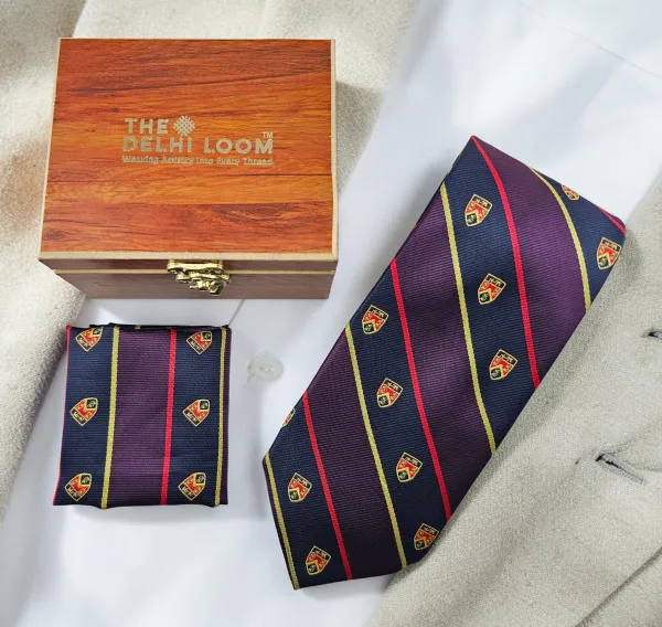 Navy_Wine_Purple_Regal_Crest_Stripe_Micro_Woven_Jacquard_9_Cm_Necktie_Set_With_Wooden_Gift_Box_Suitable_For_Formal_And_Occasion_Wear