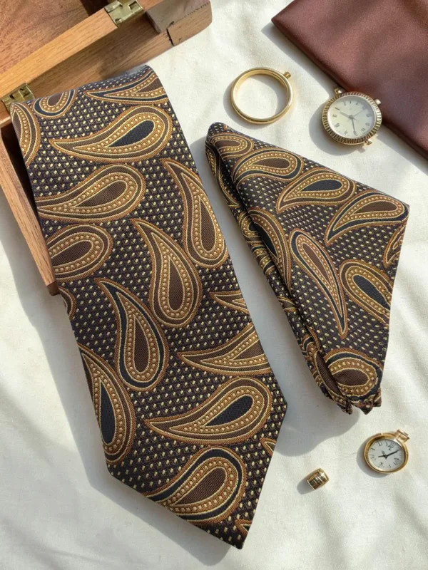 Noir_Royale_Chocolate_Brown_And_Antique_Gold_Paisley_Micro_Silk_Jacquard_9_Cm_Tie_Set_With_Pocket_Square_And_Wooden_Gift_Box