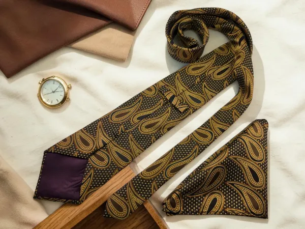 Noir_Royale_Chocolate_Brown_And_Antique_Gold_Paisley_Micro_Silk_Jacquard_9_Cm_Tie_Set_With_Pocket_Square_And_Wooden_Gift_Box