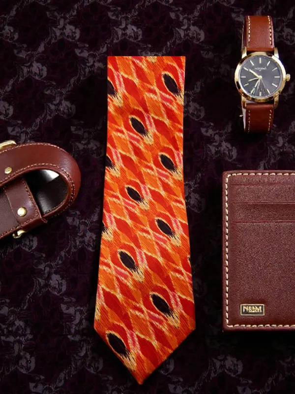 Orange_Ikat_Royale_Pattern_Printed_Micro_Silk_Tie_With_Wooden_Gift_Box__9_Cm_Classic_Width_Premium_Festive_And_Formal_Wear