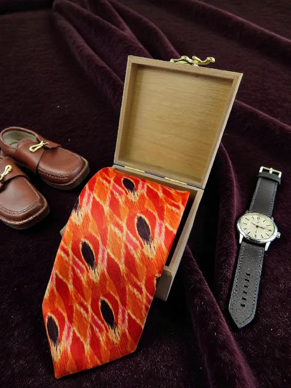 Orange_Ikat_Royale_Pattern_Printed_Micro_Silk_Tie_With_Wooden_Gift_Box__9_Cm_Classic_Width_Premium_Festive_And_Formal_Wear