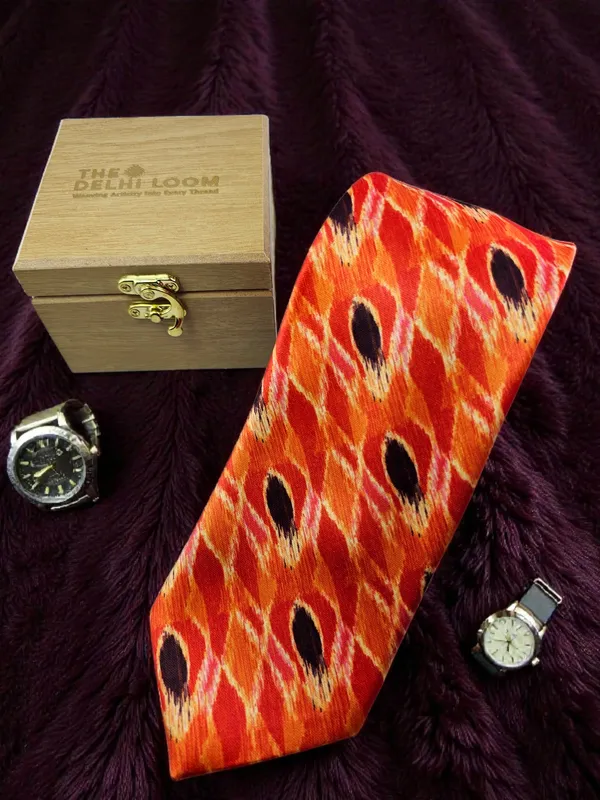 Orange_Ikat_Royale_Pattern_Printed_Micro_Silk_Tie_With_Wooden_Gift_Box__9_Cm_Classic_Width_Premium_Festive_And_Formal_Wear