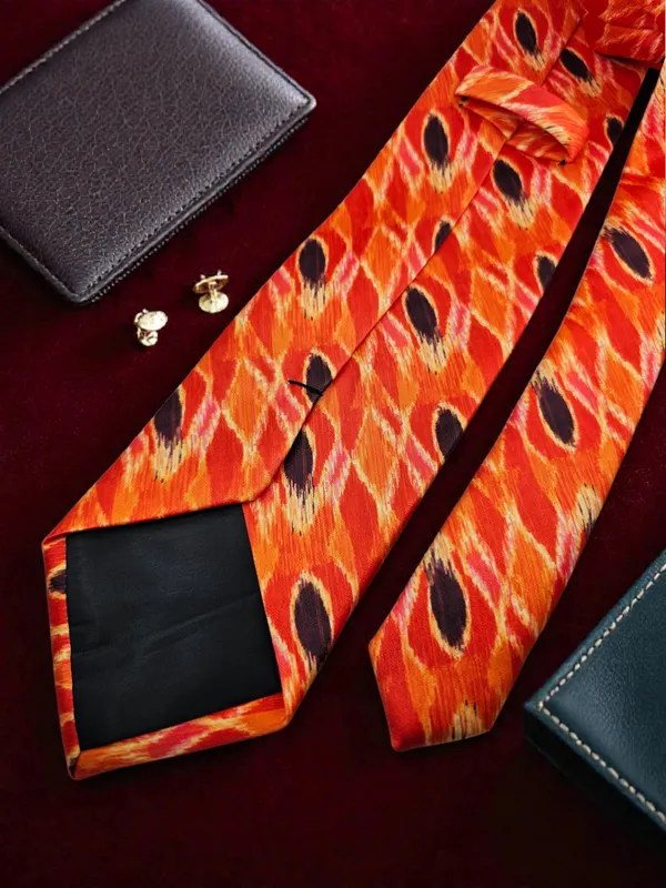 Orange_Ikat_Royale_Pattern_Printed_Micro_Silk_Tie_With_Wooden_Gift_Box__9_Cm_Classic_Width_Premium_Festive_And_Formal_Wear