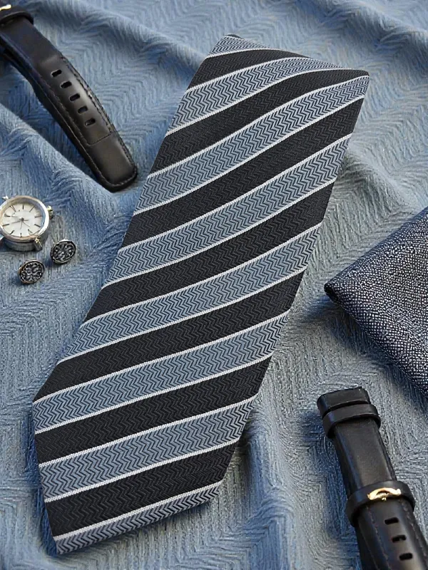 Zig_Wave_Stripe_Black_Grey_Diagonal_Pattern_Micro_Silk_Tie_With_Wooden_Gift_Box_8_Cm_Premium_Formal_Office_Wear