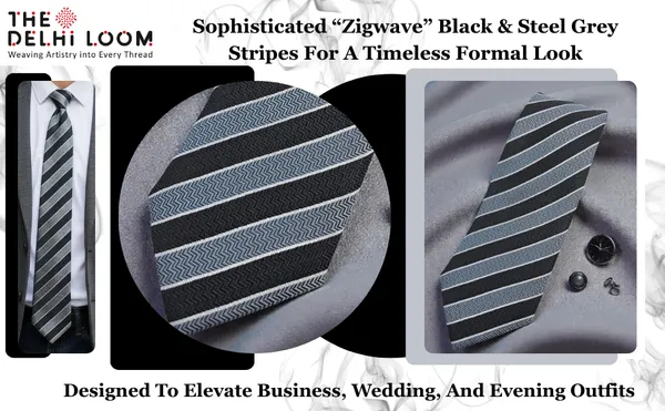 Zig_Wave_Stripe_Black_Grey_Diagonal_Pattern_Micro_Silk_Tie_With_Wooden_Gift_Box_8_Cm_Premium_Formal_Office_Wear