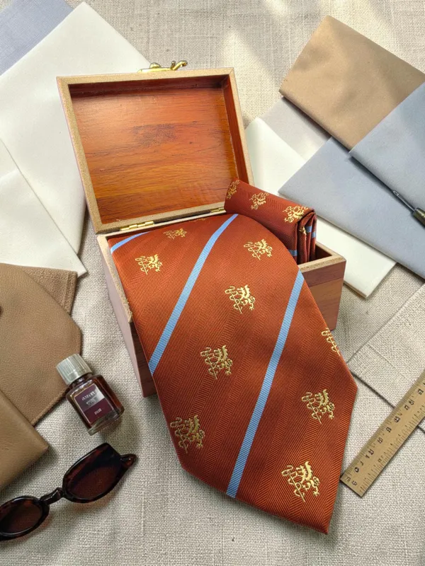 Regency_Crest_Rust_Brown_And_Sky_Blue_Micro_Woven_Jacquard_9_Cm_Tie_Set_With_Pocket_Square_And_Premium_Wooden_Gift_Box