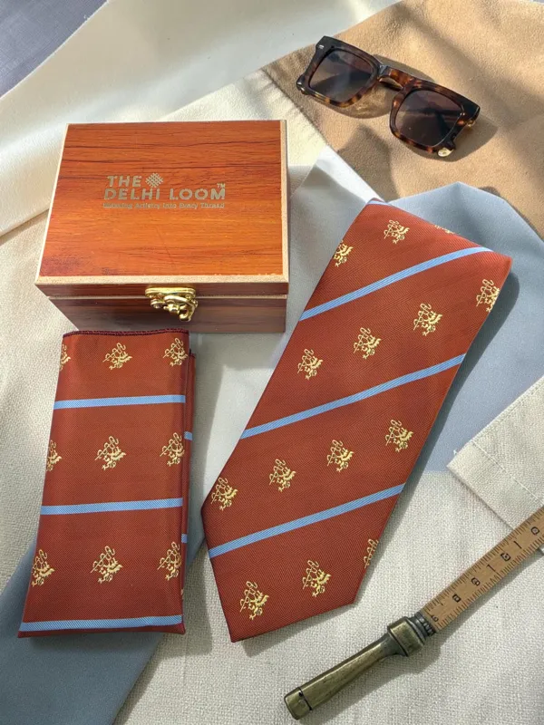 Regency_Crest_Rust_Brown_And_Sky_Blue_Micro_Woven_Jacquard_9_Cm_Tie_Set_With_Pocket_Square_And_Premium_Wooden_Gift_Box