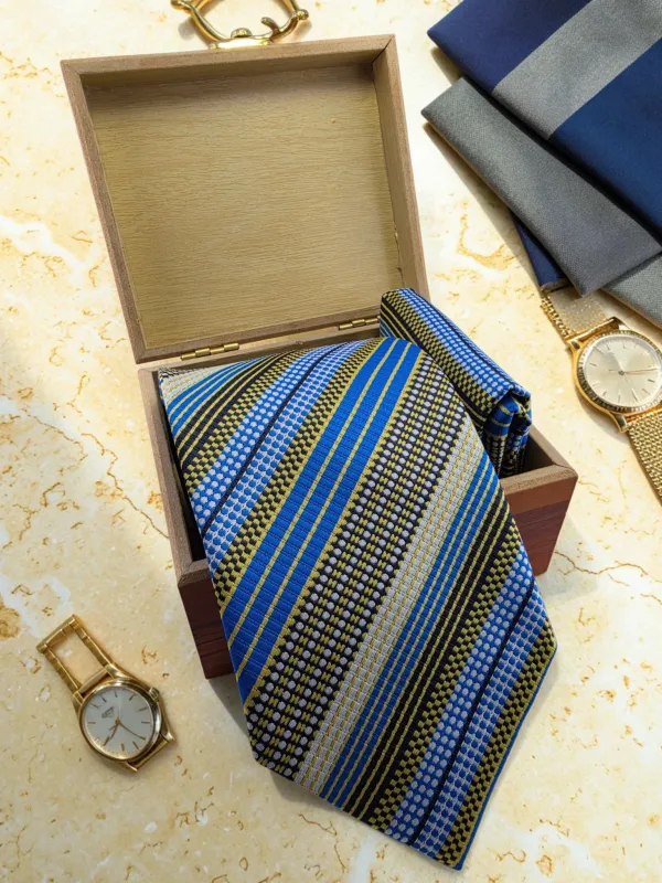 Regent_Stripe_Cobalt_Blue_Yellow_And_Black_Micro_Silk_Jacquard_9_Cm_Tie_Set_With_Pocket_Square_And_Wooden_Gift_Box