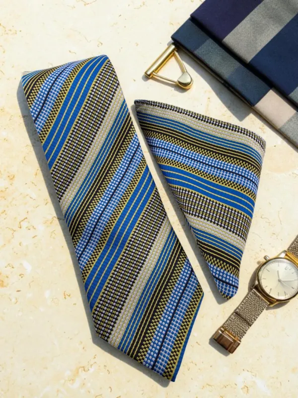 Regent_Stripe_Cobalt_Blue_Yellow_And_Black_Micro_Silk_Jacquard_9_Cm_Tie_Set_With_Pocket_Square_And_Wooden_Gift_Box