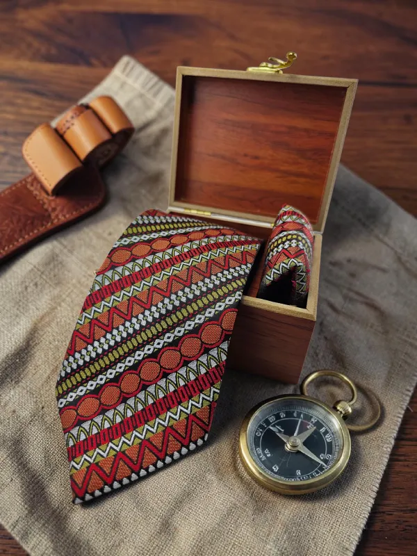 Terracotta_Nomad_Tapestry_Micro_Woven_Jacquard_9_Cm_And_7.5_Cm_Necktie_Set_With_Pocket_Square_And_Wooden_Gift_Box_Suitable_For_Formal_And_Smart_Ethnic_Wear