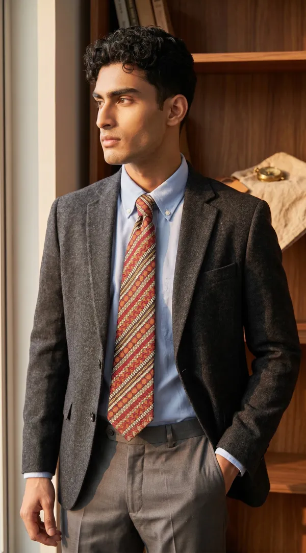 Terracotta_Nomad_Tapestry_Micro_Woven_Jacquard_9_Cm_And_7.5_Cm_Necktie_Set_With_Pocket_Square_And_Wooden_Gift_Box_Suitable_For_Formal_And_Smart_Ethnic_Wear