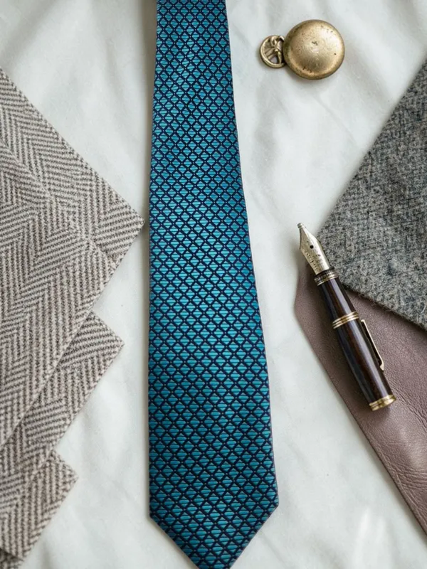 Turquoise_Blue_And_Navy_Blue_Lattice_Micro_Silk_Jacquard_9_Cm_Tie_Set_With_Pocket_Square_And_Wooden_Gift_Box