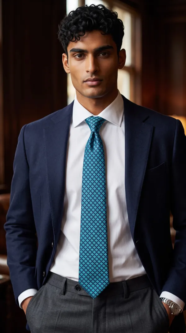 Turquoise_Blue_And_Navy_Blue_Lattice_Micro_Silk_Jacquard_9_Cm_Tie_Set_With_Pocket_Square_And_Wooden_Gift_Box