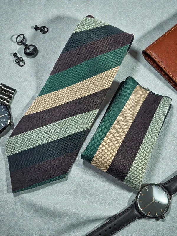 Green_Beige_Brown_Emerald_Regent_Stripe_Micro_Silk_Woven_Tie_Pocket_Square_Set_With_Wooden_Gift_Box