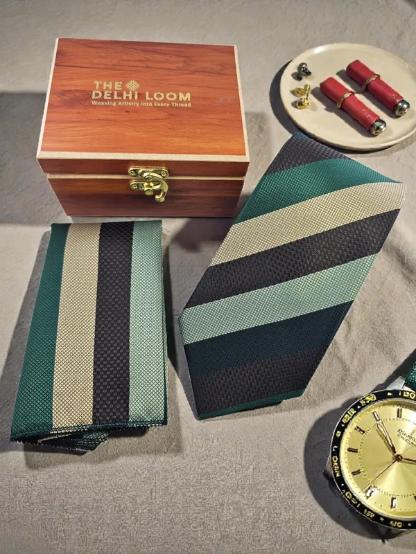 Green_Beige_Brown_Emerald_Regent_Stripe_Micro_Silk_Woven_Tie_Pocket_Square_Set_With_Wooden_Gift_Box