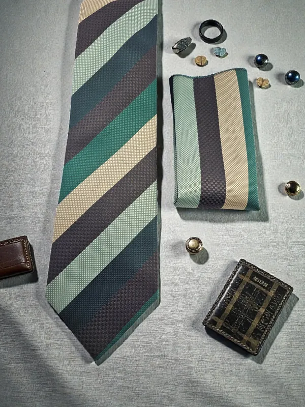 Green_Beige_Brown_Emerald_Regent_Stripe_Micro_Silk_Woven_Tie_Pocket_Square_Set_With_Wooden_Gift_Box