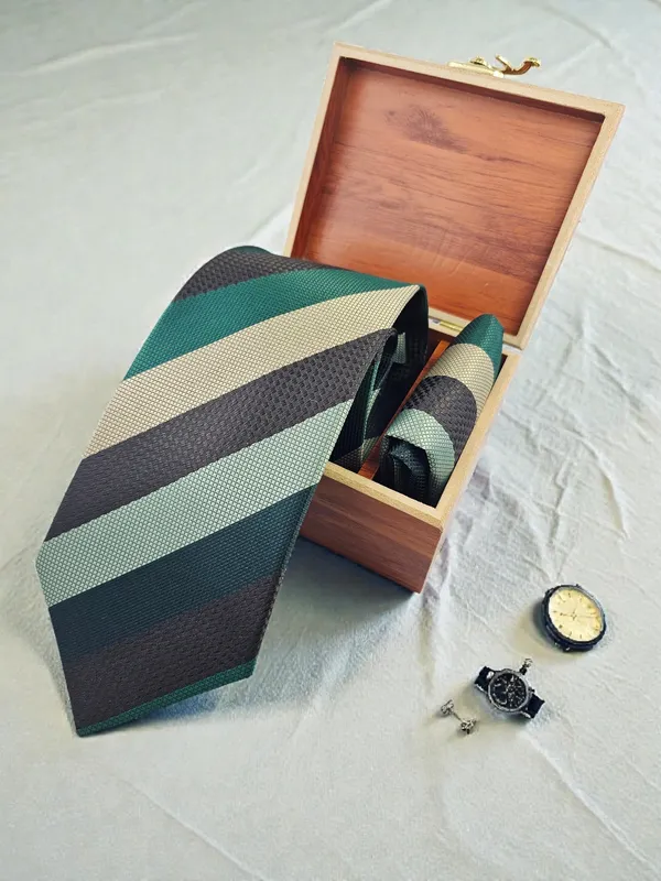 Green_Beige_Brown_Emerald_Regent_Stripe_Micro_Silk_Woven_Tie_Pocket_Square_Set_With_Wooden_Gift_Box