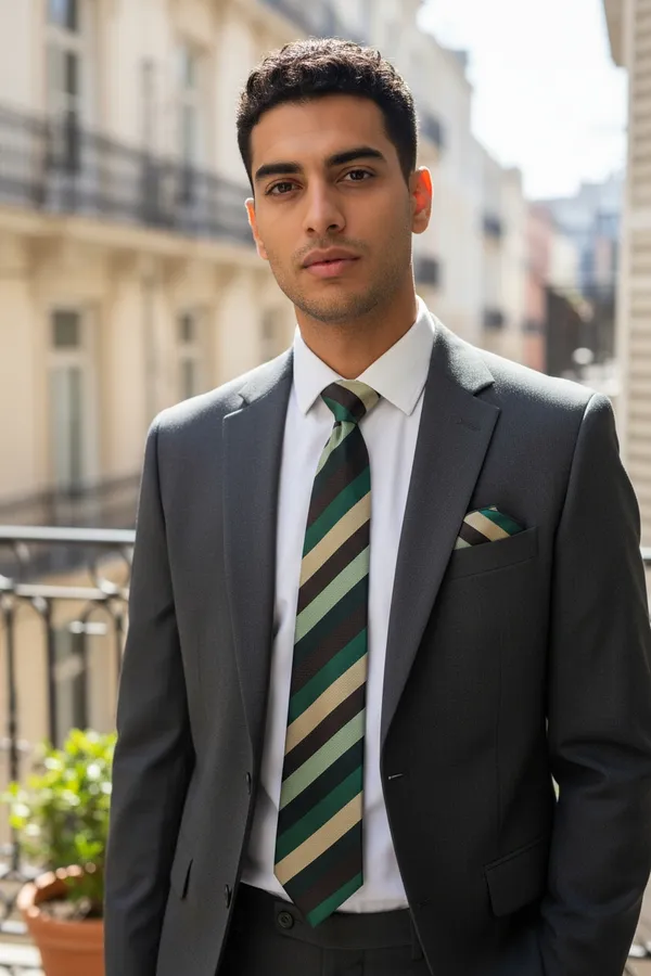 Green_Beige_Brown_Emerald_Regent_Stripe_Micro_Silk_Woven_Tie_Pocket_Square_Set_With_Wooden_Gift_Box