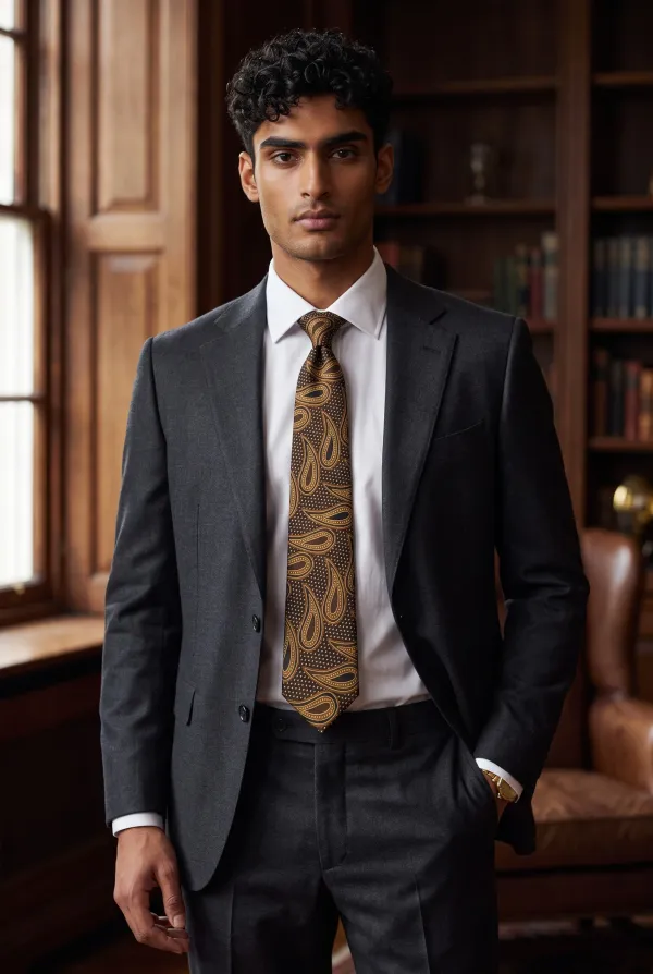 Noir_Royale_Chocolate_Brown_And_Antique_Gold_Paisley_Micro_Silk_Jacquard_9_Cm_Tie_Set_With_Pocket_Square_And_Wooden_Gift_Box
