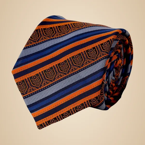 Blue_Orange_Copper_Crest_Striped_Micro_Silk_Jacquard_Tie__Pocket_Square_Set__8_Cm_Wide_Necktie_