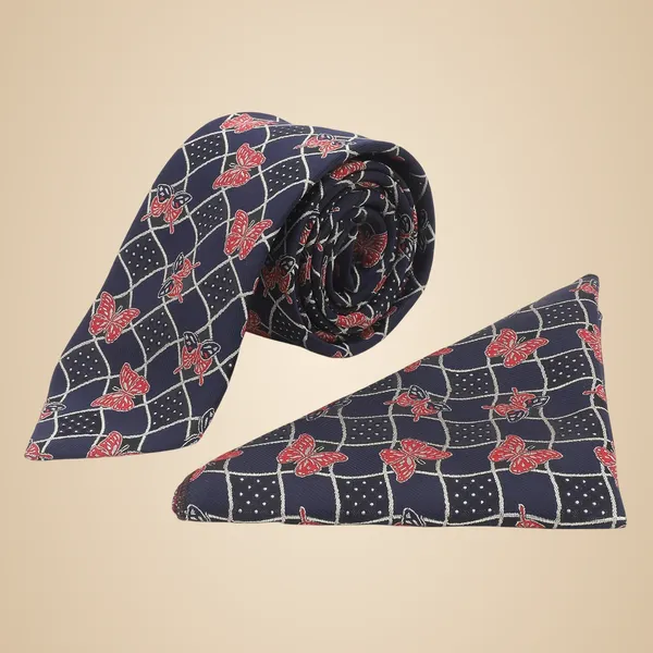 Navy_Blue_Red_Mens_Grid_Butterfly_Microfiber_Tie_Pocket_Square_Set_With_Wooden_Box_