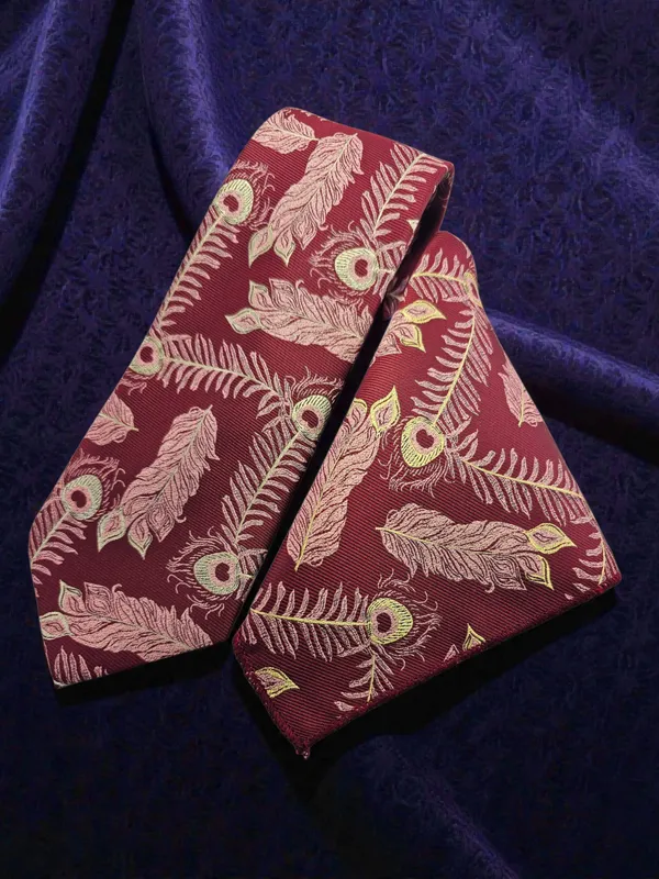 Maroon_Gold_Peach_Feather_Pattern_Premium_Woven_Tie_Set_9_Cm_Width_Suitable_For_Formal_Business_Wedding_And_Gifting