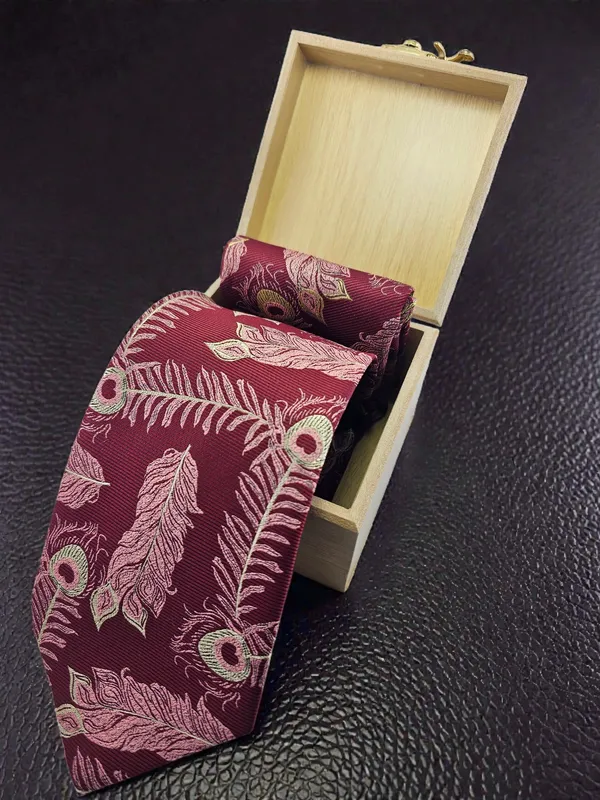 Maroon_Gold_Peach_Feather_Pattern_Premium_Woven_Tie_Set_9_Cm_Width_Suitable_For_Formal_Business_Wedding_And_Gifting