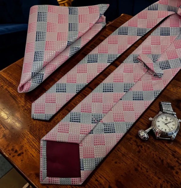 Baby_Pink_And_Blue_Windsor_Check_Micro_Woven_Jacquard_9_Cm_Necktie_Set_With_Pocket_Square_And_Premium_Wooden_Gift_Box_Suitable_For_Formal_And_Wedding_Wear