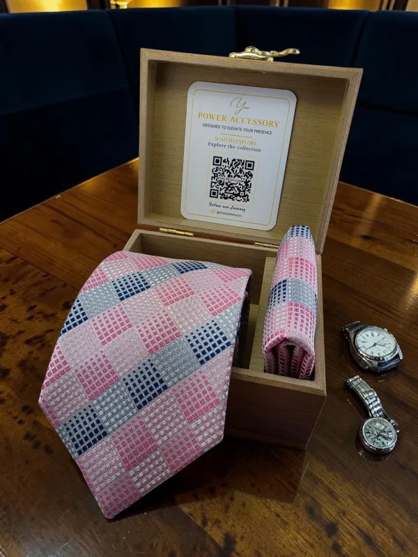 Baby_Pink_And_Blue_Windsor_Check_Micro_Woven_Jacquard_9_Cm_Necktie_Set_With_Pocket_Square_And_Premium_Wooden_Gift_Box_Suitable_For_Formal_And_Wedding_Wear